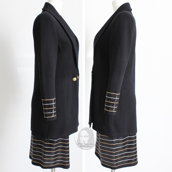 St John Evening Suit Jacket Skirt 2pc Set Embellished Knit Black Gold White Sz 6 - Picture 9 of 11